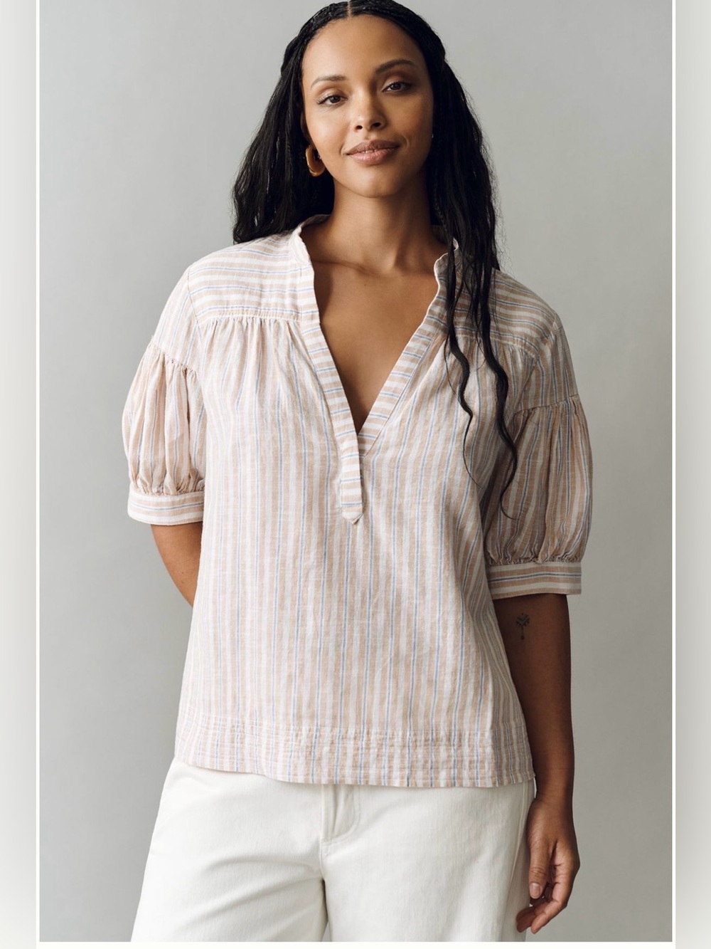 Anthropologie Maeve Tan, White & Light Blue Striped Darcy linen blend 1X NWT